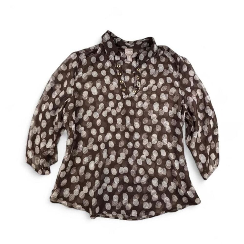 Chico's Brown Sheer Polka Dot Blouse Women's Size 3 Plus Lightweight Top